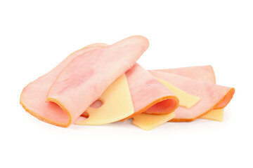 Tasty slices of ham, tomatoes and cheese isolated on white background