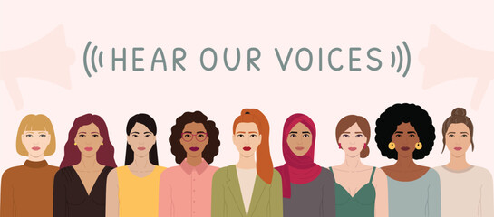 Fototapeta na wymiar Hear our voices horizontal banner with group of diverse female characters stand together. International Women s Day, 8 March. Woman empowerment, feminism concept. Hand drawn vector illustration.