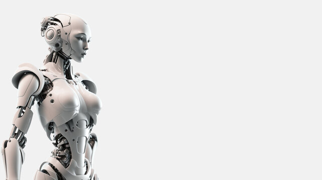 humanoid robot with futuristic technology in white color. Concept of artificial intelligence, technological future and science fiction. Post-processed generative AI