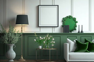 Elegant apartment living room with faux poster frame, flowers in vase, nuts, and fine accessories on shelf. Green paneling. Modern staging. Template. Generative AI