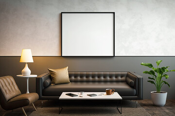 A modern living area with a leather couch, a little tablet with accessories, and an empty banner. mockup. Generative AI