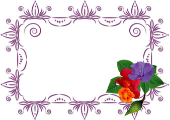 Decorative postcard with border ornament and fresh bouquet. Purple illustration ornament forms an empty space frame for your text. Object isolated.