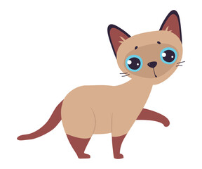 Cute Siamese Cat with Standing with Raised Paw Vector Illustration