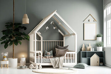a nursery in Scandinavian design with a wooden house bed. Generative AI