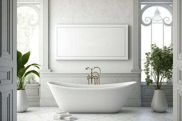 Obraz na płótnie Canvas A luxury spa's white bathroom has a horizontal mock-up banner frame. Vases, towel rack, and bathtub. angle. Advertising idea. Generative AI