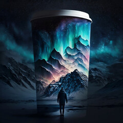 Northern lights landscape with a coffee cup