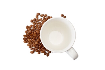 a blank cup of coffee near coffee beans is isolated on white