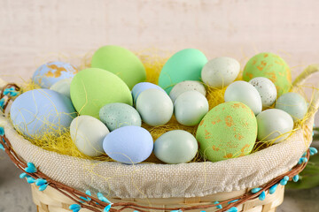 Basket with painted Easter eggs, closeup