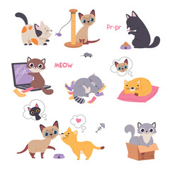 Cute Playful Cat as Domestic Pet with Funny Snout Engaged in Different Activity Vector Set - obrazy, fototapety, plakaty