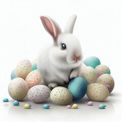 Fototapeta na wymiar white easter bunny with eggs, generative ai