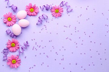 Composition with Easter eggs, confetti and chrysanthemum flowers on color background