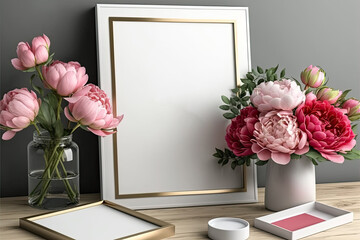 Home decor. Mockup clipboard, red peonies in vase, cosmetic set. Generative AI