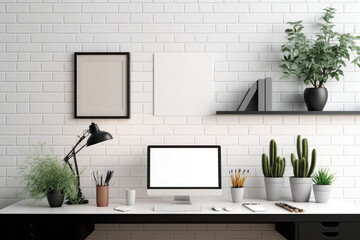 Illustration of product montage on modern working table over white brick wall. Generative AI