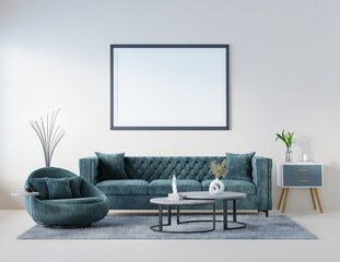 mock up poster frame in modern interior background, living room, 3D render, 3D illustration