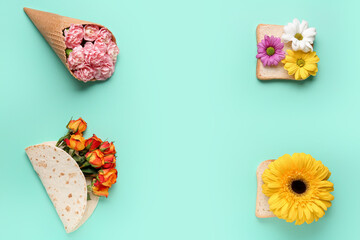 Tortilla, bread and waffle cone with beautiful flowers on color background