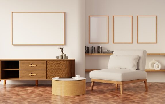 mock up poster frame in modern interior background, living room, 3D render, 3D illustration