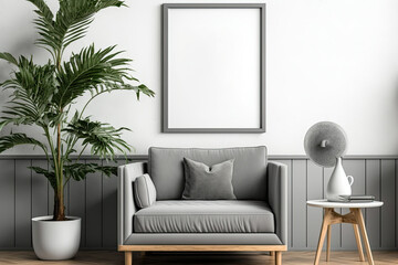 Mockup of a blank wooden vertical picture frame in a contemporary gray living room with a gray sofa and a wooden armchair, a coffee table, and a palm tree. Generative AI