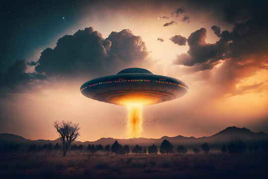 Alien UFO taking off, Unidentified Flying Object, Alien Spaceship. Generative AI
