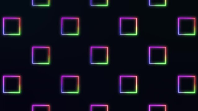 Glowing neon lines. 2D geometry square shapes seamless pattern on black background. Endless animation