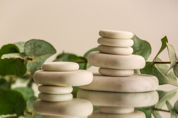 Stacks of spa stones and eucalyptus leaves on light background