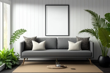 interior mock-up of a luxurious living room with a gray sofa and a tropical background,. Generative AI