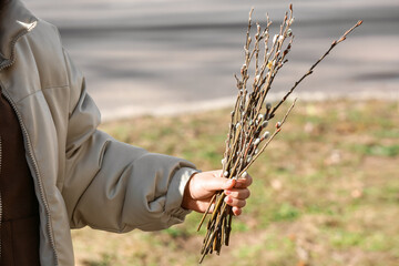 Woman holding willow branches on lawn background © Pixel-Shot