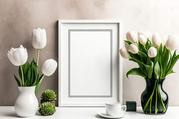 Decorated interior of a home. Mockup with a light background and white tulips in a vase in a white frame. Generative AI