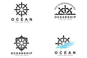 Ship Steering Logo, Ocean Icons Ship Steering Vector With Ocean Waves, Sailboat Anchor And Rope, Company Brand Sailing Design