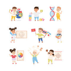Cute preschool kids studying at lessons set. Boys and girls learning foreign languages, countries, nature cartoon vector illustration