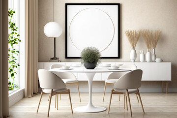 Empty frame mockup in beige dining room with round table and minimalist marble kitchen. Parquet. Generative AI