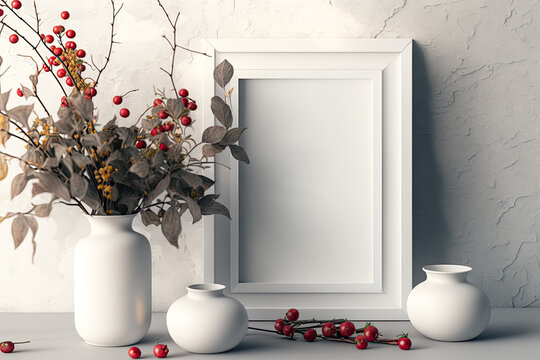 mockup of a light background with a white frame and branches carrying a vase of small red apples. Generative AI