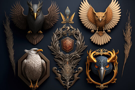 animal crests as ornamental components cartoonish realistic illustration in isolation. Generative AI