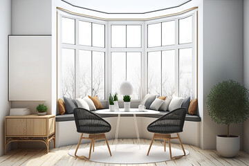 Interior Scene and Mockup Illustration Two handcrafted seats, a spacious table, and curved corners can be found in the sitting and working nook that looks out the window. Generative AI