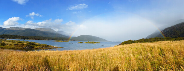 Rainbow over Beaggle Channel, Tierra Del Fuego or Land of Fire National Park Scenic Landscape, Ushuaia Argentina at the End of The World