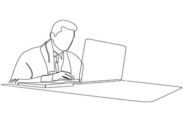 continuous line drawing of adult man wearing outfit working from home using a laptop