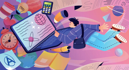 Online education concept. Learning on Internet, little boy with notebook, pen and pencils. Homework and training, distance lecture or webinar in school or university. Cartoon flat vector illustration