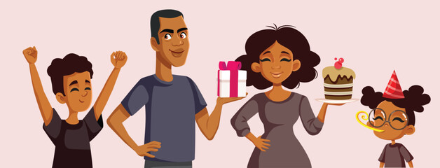 Happy Family Celebrating with Birthday Cake Vector Cartoon Illustration. Parents and children having a party together with homemade dessert 
