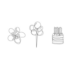 Single Line Drawing - Hand Drawn Art of Flower, Birthday Balloons and Bday Cake