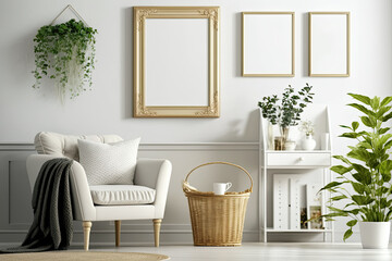Fototapeta na wymiar A modern apartment's chic living room features a white mock-up photo frame, a vase of flowers, a wooden ladder with a rattan basket, a box, and classy accessories. stylish interior design. Generative