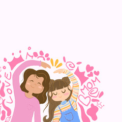 Feliz día de la madre ilustración, Tarjeta editable del día de la madre.madre e hija abrazadadas, corazón de máma, amor de mamá.