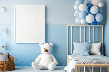 a kid's room poster frame, nursery mock-up, and blue wall. Generative AI