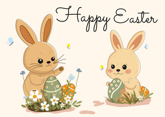 Happy Easter. Bunny easter. Bunnies with Easter eggs. Hand draw.