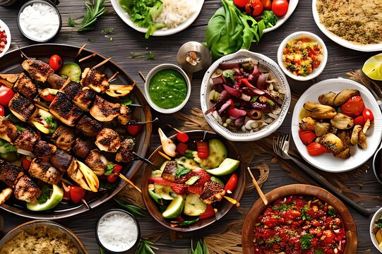 Middle eastern, arabic or mediterranean dinner table with grilled meat and vegetables, chicken skewers with roasted vegetables and appetizers variety serving on a rustic outdoor table. Ai