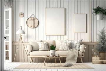 Mock-up of a rustic boho living room in beige and faded tones. Modern wallpaper, furniture, and decorations. Modern interior design, for example. Generative AI