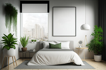 A contemporary bedroom interior with a window and a city view, a beautiful wall, green plants, and other items. Generative AI