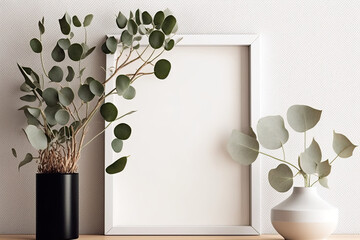 Mockup of a landscape frame for a piece of art, a quotation, or a print on a white wall with eucalyptus in a vase. Generative AI