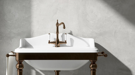 Luxury Victorian design white ceramic washbasin with vintage faucet, bronze steel leg, towel rack in sunlight on polished cement wall for toiletries, interior design decoration background 3D