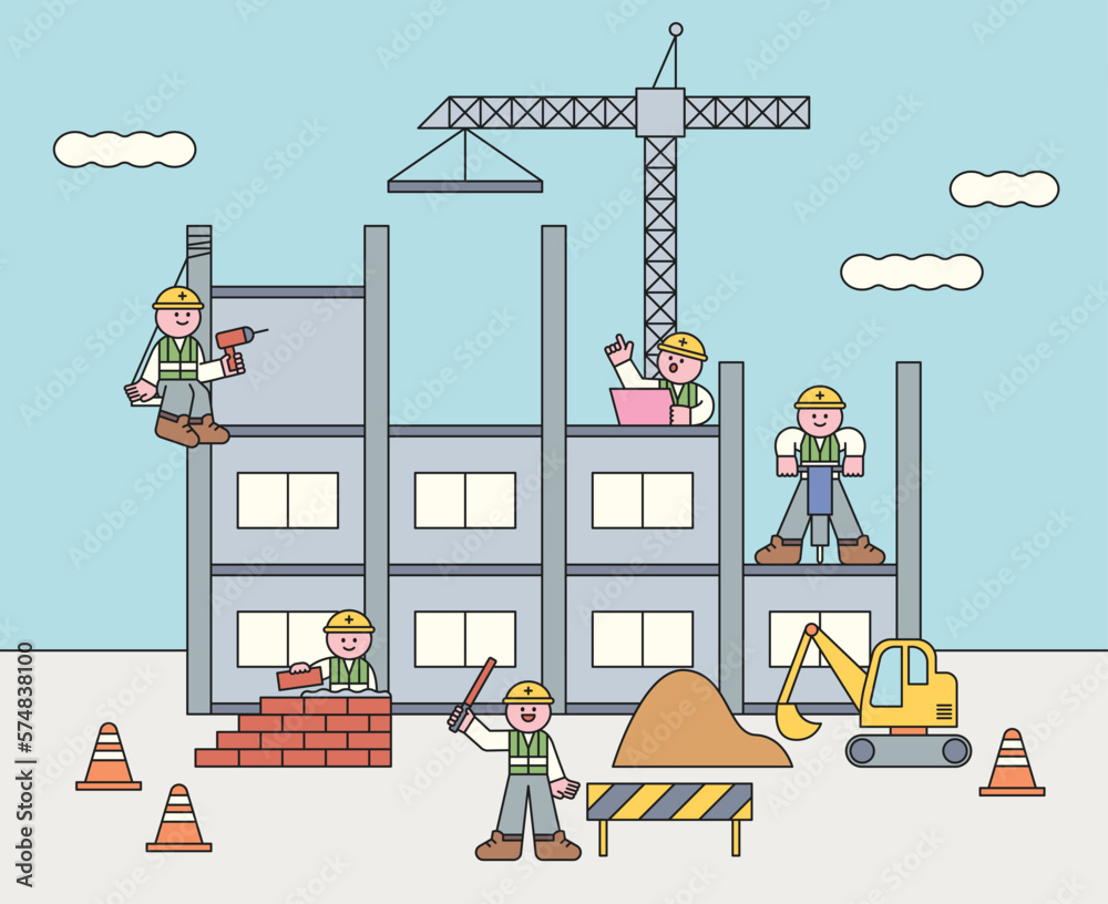 Wall mural cute characters are building. they are laying bricks and using a drill. a worker is holding a light 