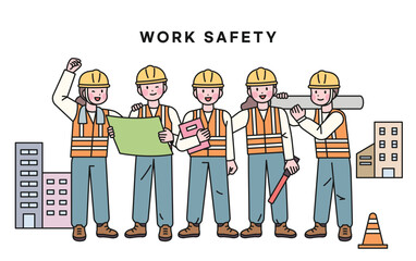 Safety of construction sites and workers. Characters wearing safety helmets are standing smiling.