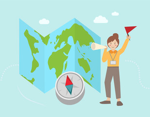 Tour guide holding flag. Sightseeing, visiting, Tourism, excursion, adventure, city trip concept.